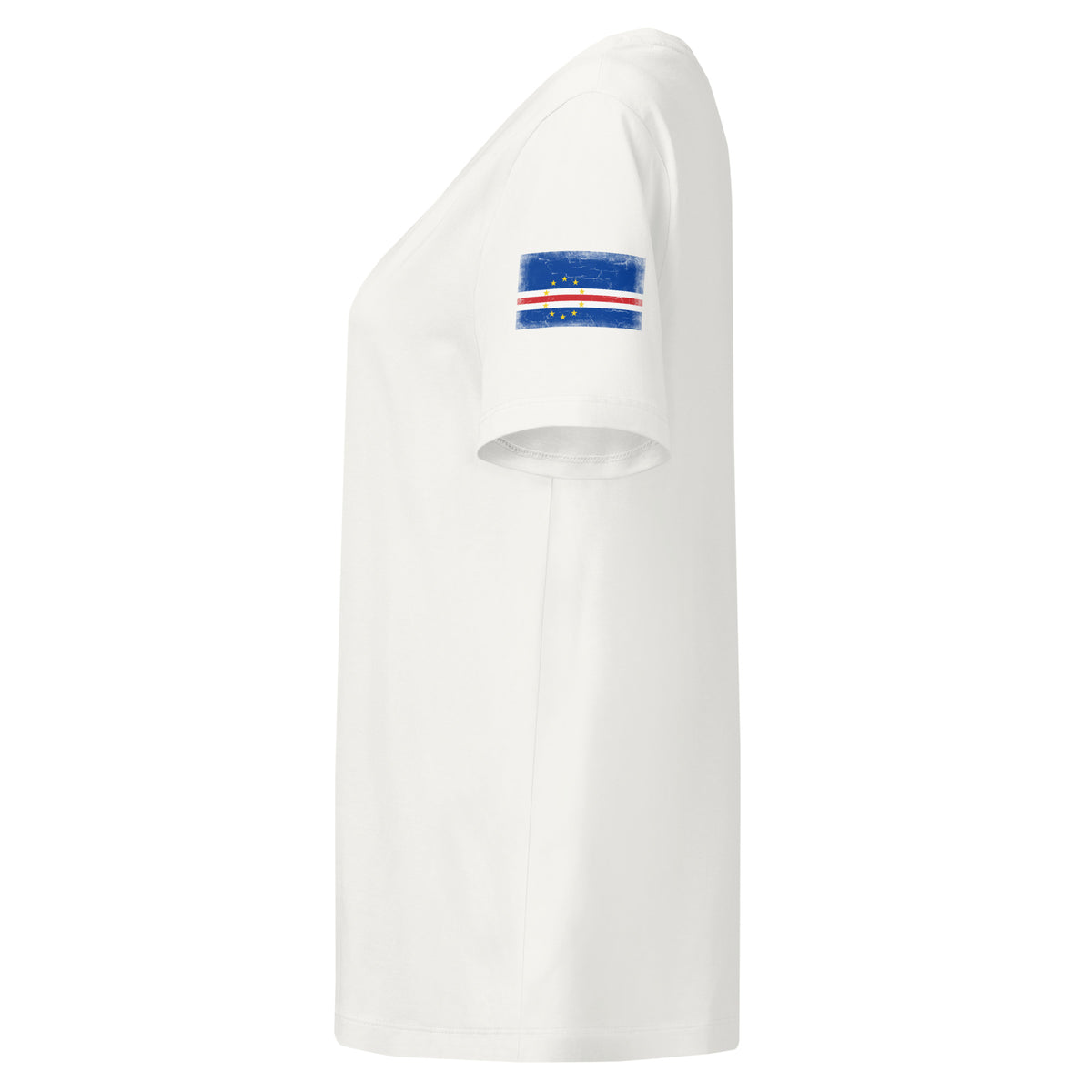 Cape Verde flag t-shirt in Off White, vintage-washed print, flag badge on the left sleeve, women cut, side view