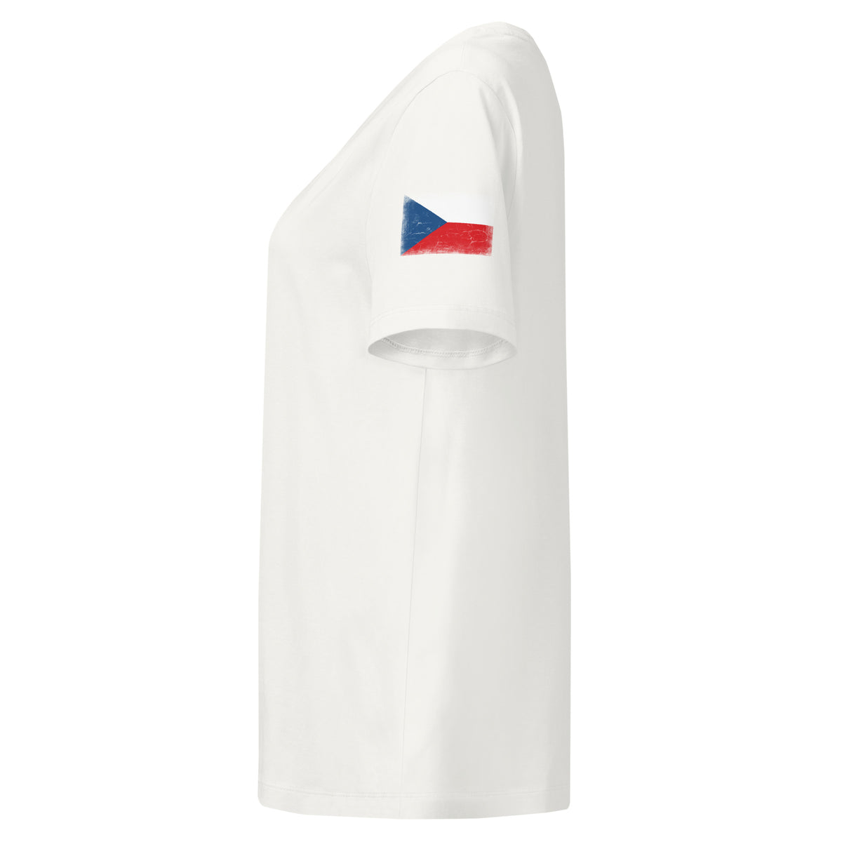Czechia flag t-shirt in Off White, vintage-washed print, flag badge on the left sleeve, women cut, side view
