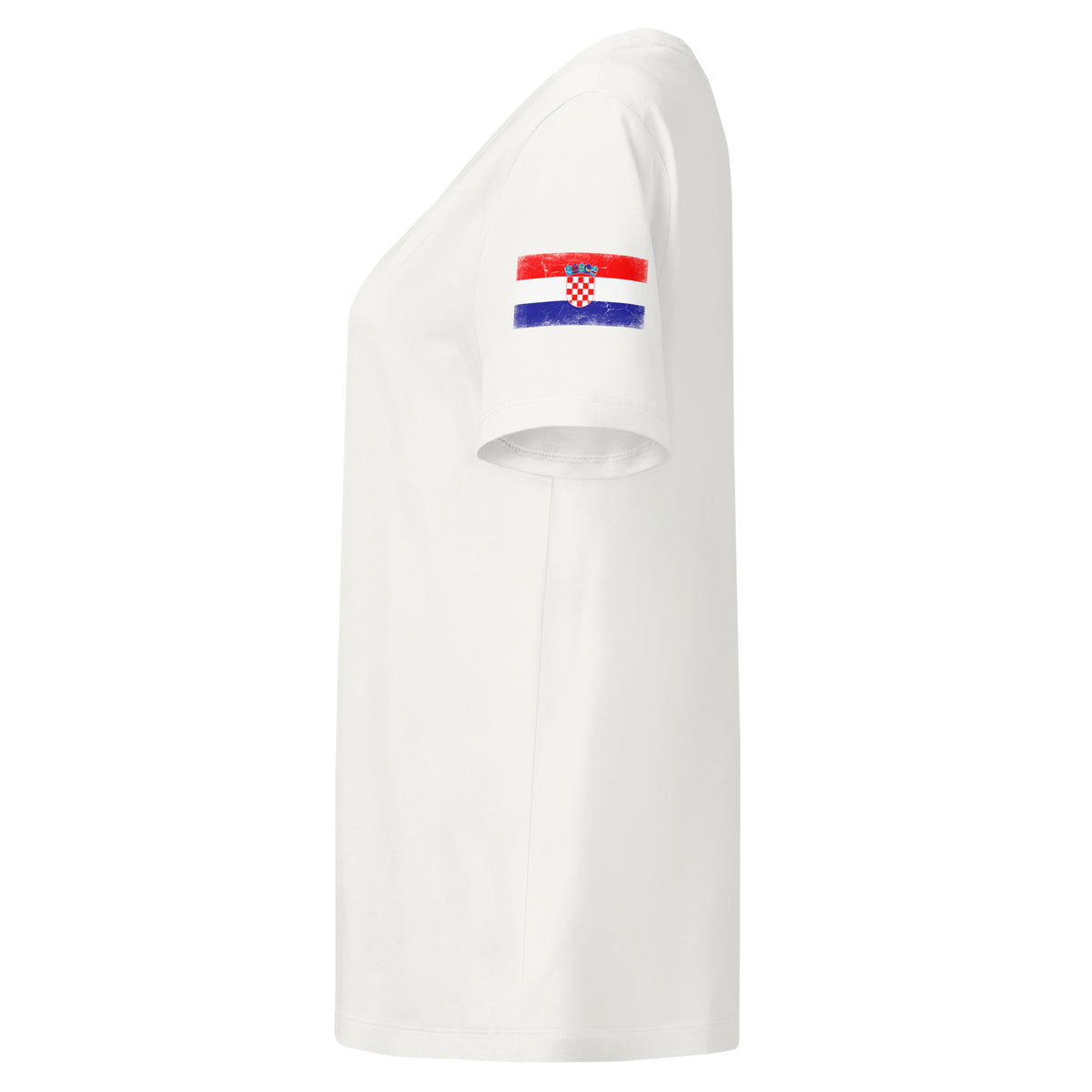 Croatia flag t-shirt in Off White, vintage-washed print, flag badge on the left sleeve, women cut, side view