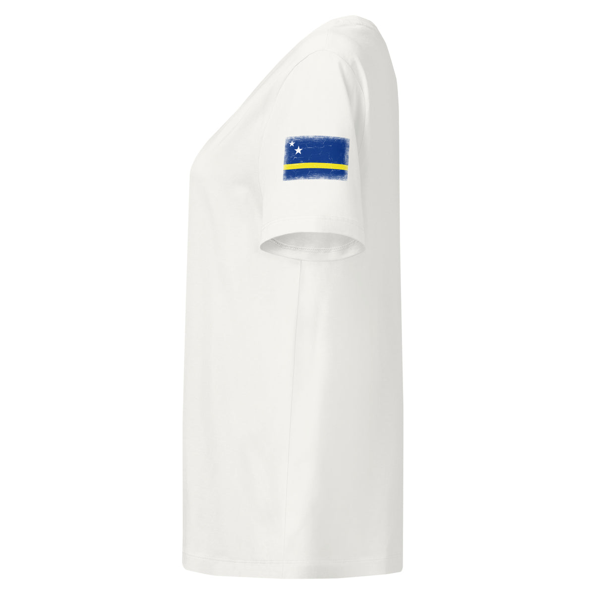 Curaçao flag t-shirt in Off White, vintage-washed print, flag badge on the left sleeve, women cut, side view