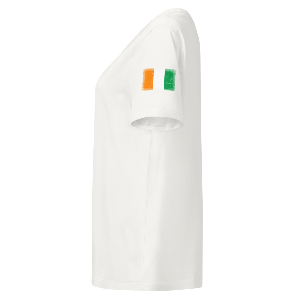 Côte d'Ivoire flag t-shirt in Off White, vintage-washed print, flag badge on the left sleeve, women cut, side view