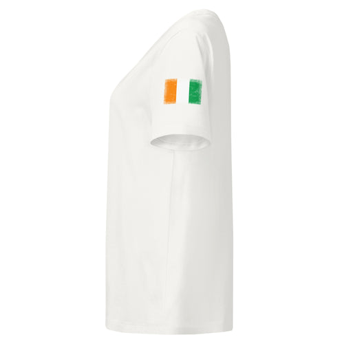Côte d'Ivoire flag t-shirt in Off White, vintage-washed print, flag badge on the left sleeve, women cut, side view