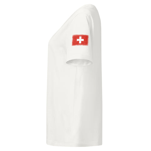 Switzerland flag t-shirt in Off White, vintage-washed print, flag badge on the left sleeve, women cut, side view
