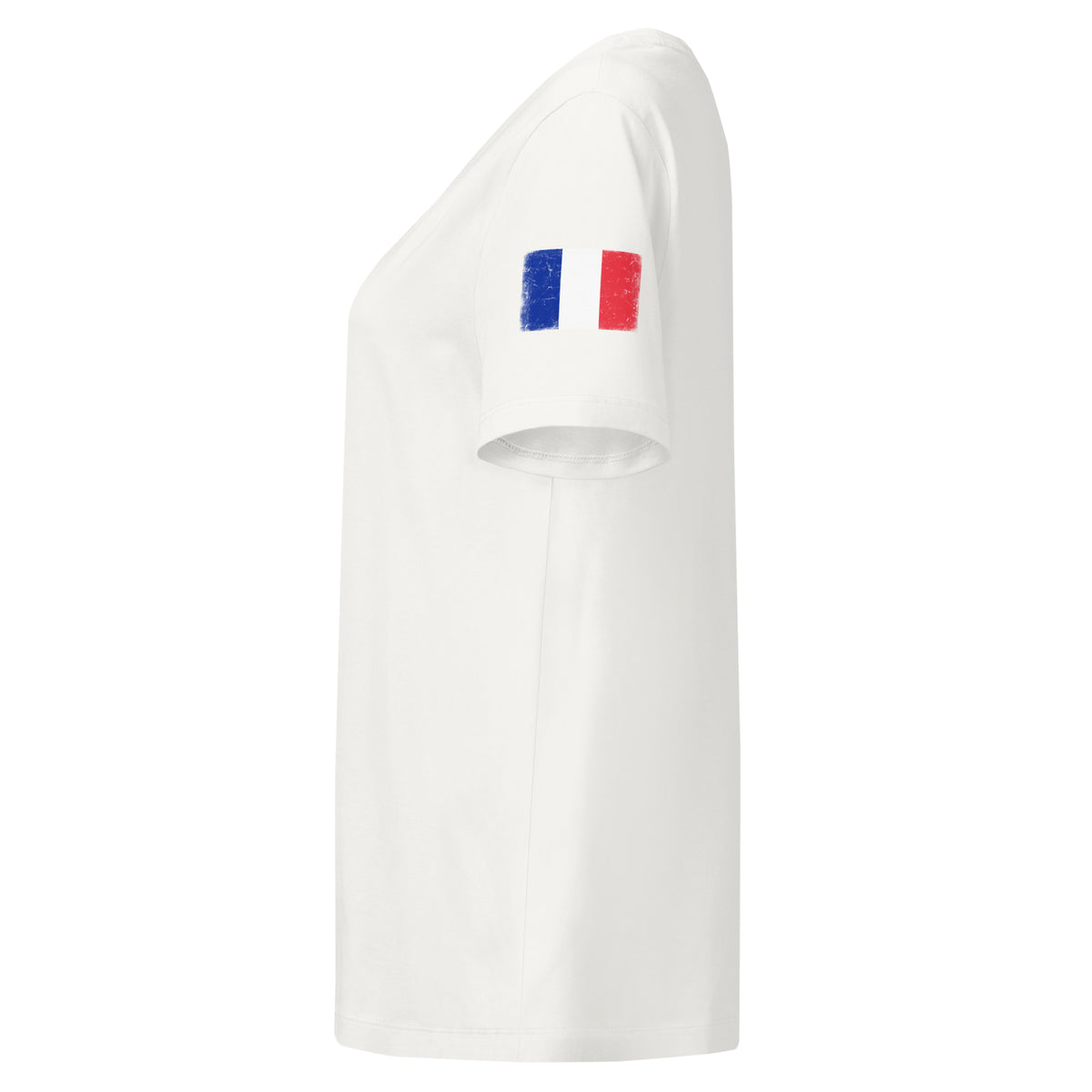 France flag t-shirt in Off White, vintage-washed print, flag badge on the left sleeve, women cut, side view