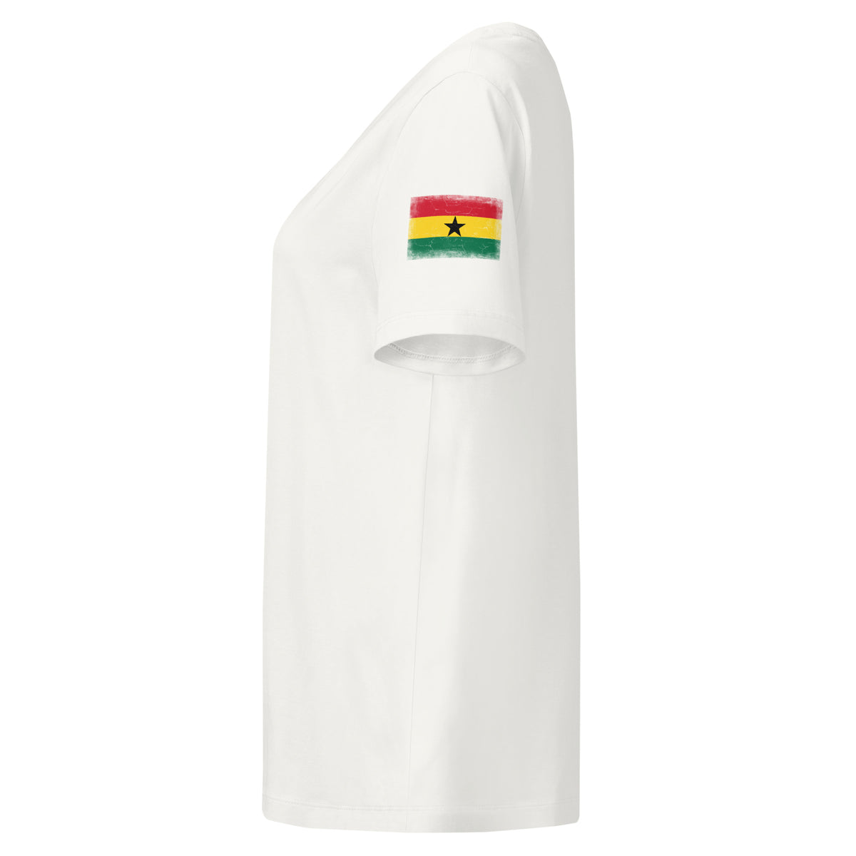 Ghana flag t-shirt in Off White, vintage-washed print, flag badge on the left sleeve, women cut, side view