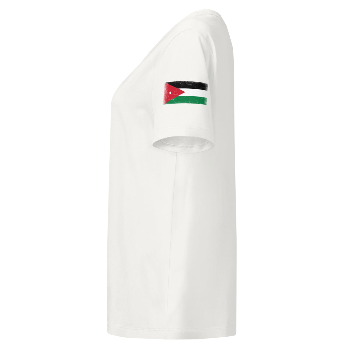 Jordan flag t-shirt in White, vintage-washed print, flag badge on the left sleeve, women cut, side view