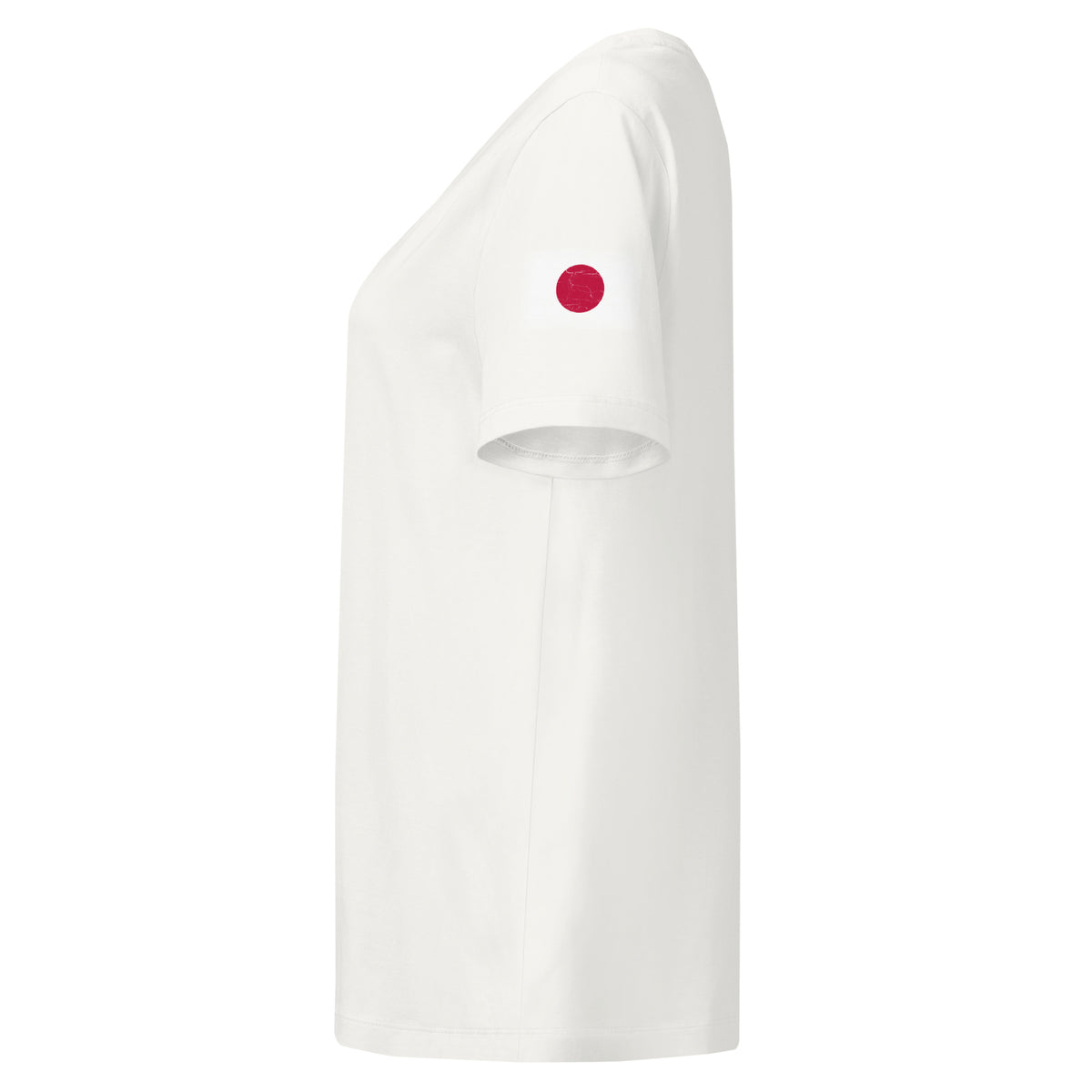 Japan flag t-shirt in Off White, vintage-washed print, flag badge on the left sleeve, women cut, side view
