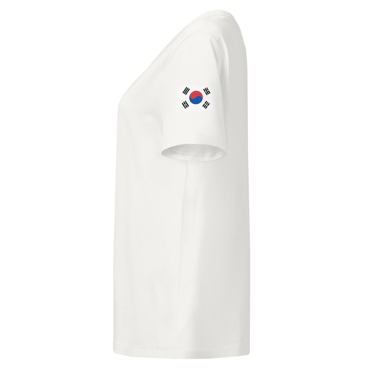 South Korea flag t-shirt in White, vintage-washed print, flag badge on the left sleeve, women cut, side view