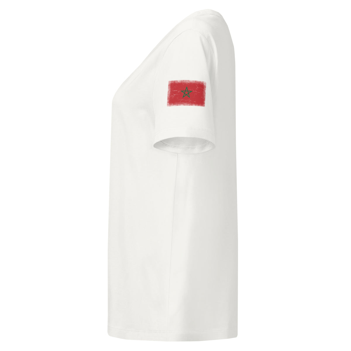 Morocco flag t-shirt in Off White, vintage-washed print, flag badge on the left sleeve, women cut, side view
