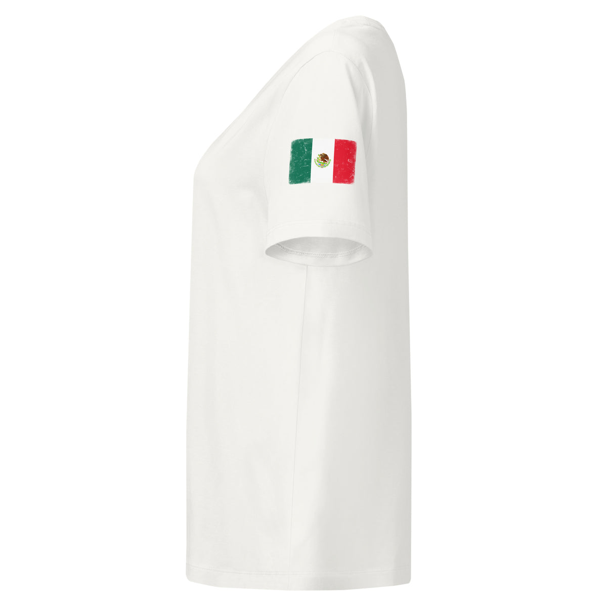 Mexico flag t-shirt in Off White, vintage-washed print, flag badge on the left sleeve, women cut, side view