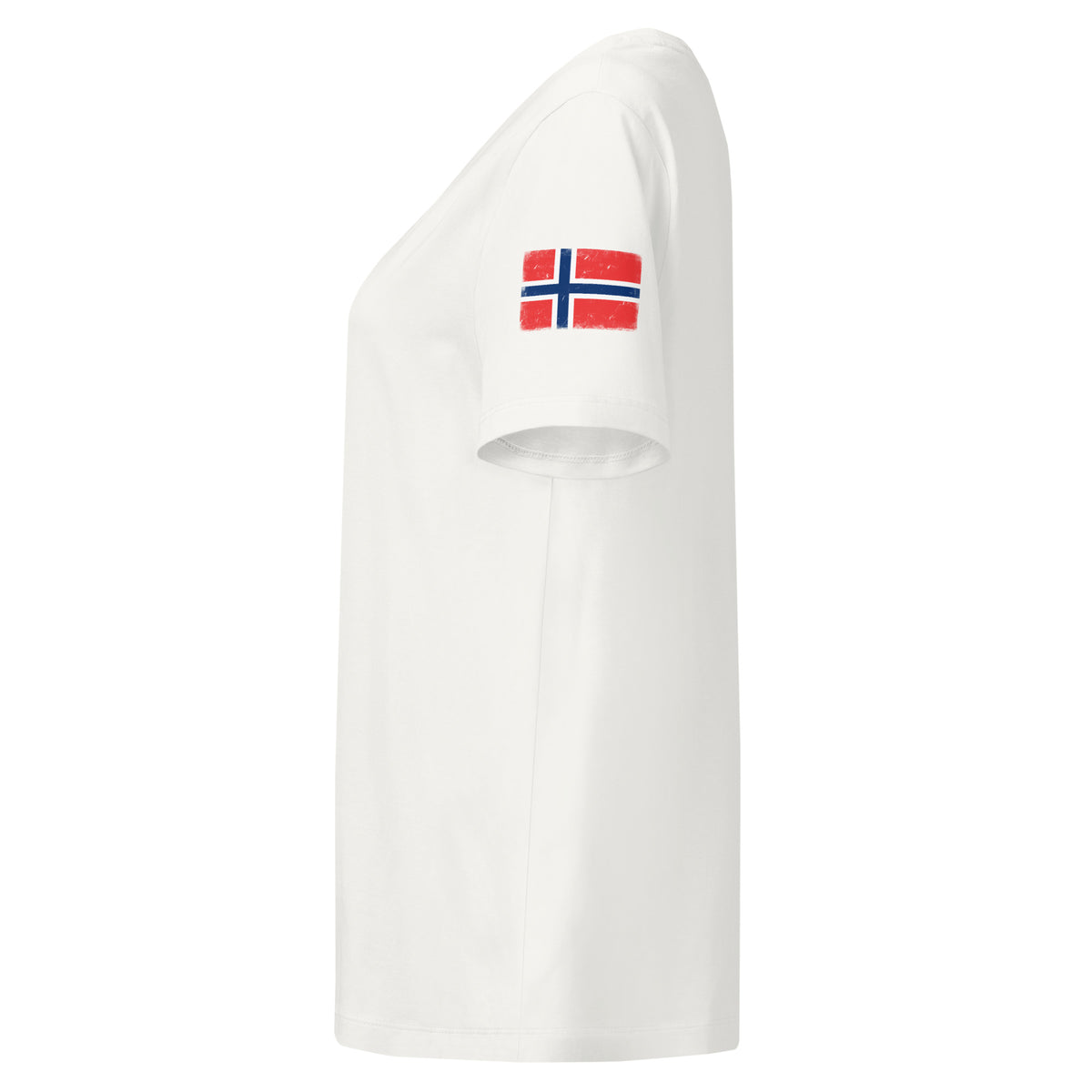Norway flag t-shirt in Off White, vintage-washed print, flag badge on the left sleeve, women cut, side view