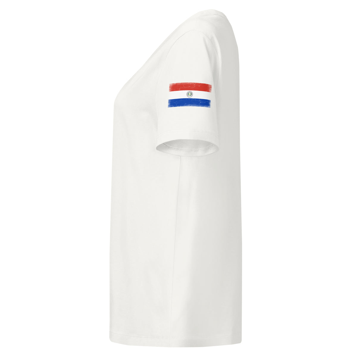 Paraguay flag t-shirt in Off White, vintage-washed print, flag badge on the left sleeve, women cut, side view