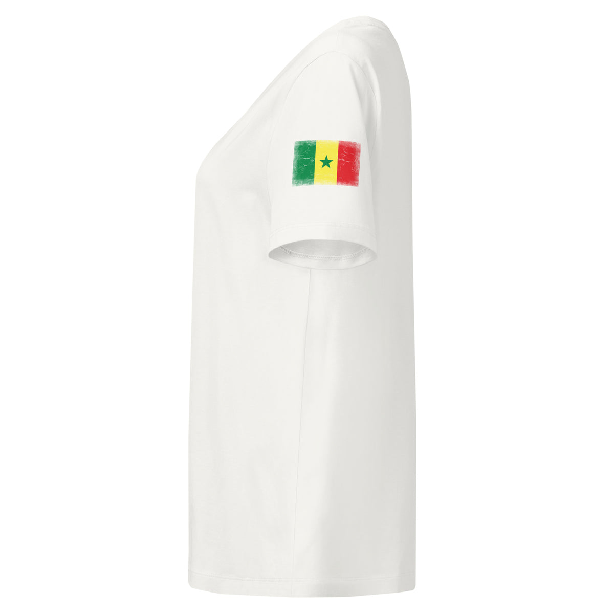 Senegal flag t-shirt in Off White, vintage-washed print, flag badge on the left sleeve, women cut, side view
