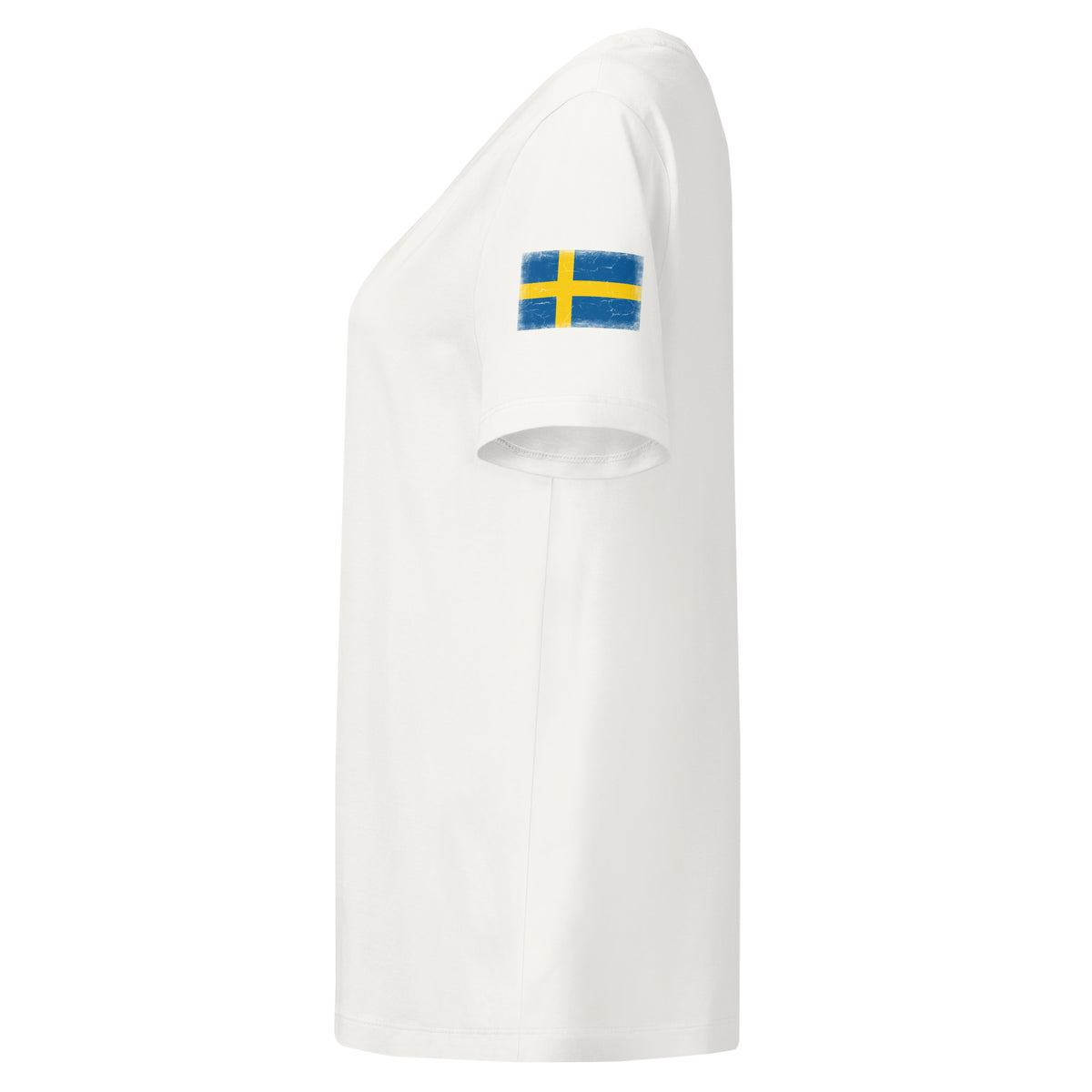 Sweden flag t-shirt in Off White, vintage-washed print, flag badge on the left sleeve, women cut, side view
