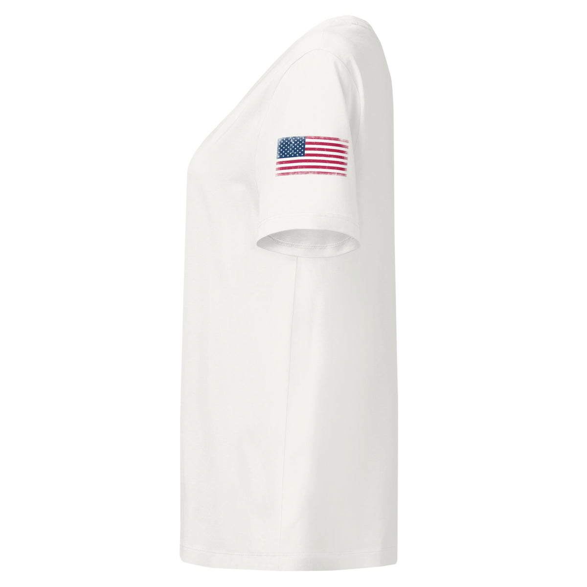 USA flag t-shirt in White, vintage-washed print, flag badge on the left sleeve, women cut, side view