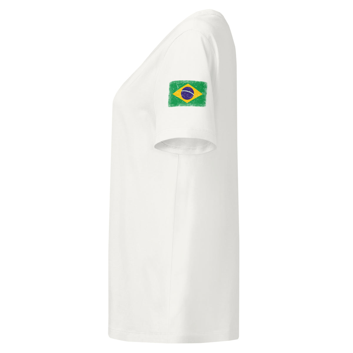 Brasil flag t-shirt in White, vintage-washed print, flag badge on the left sleeve, women cut, side view