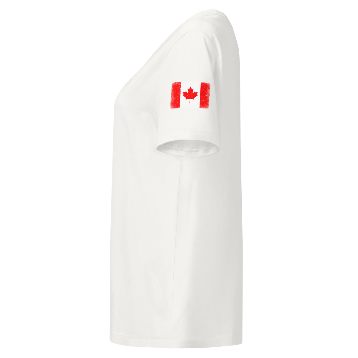 Canada flag t-shirt in White, vintage-washed print, flag badge on the left sleeve, women cut, side view