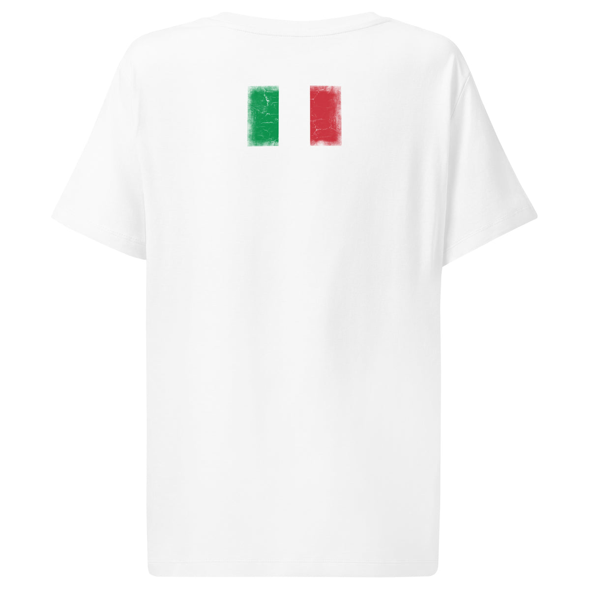 Italy flag t-shirt in White, vintage-washed print, flag across the upper back, women cut, back view