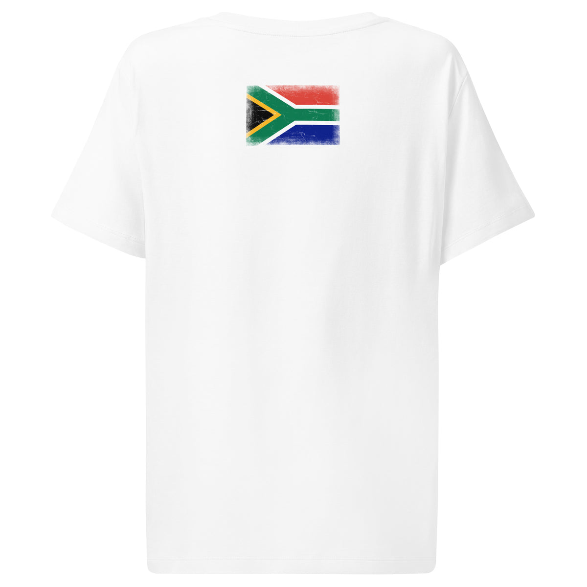 South Africa flag t-shirt in White, vintage-washed print, flag across the upper back, women cut, back view