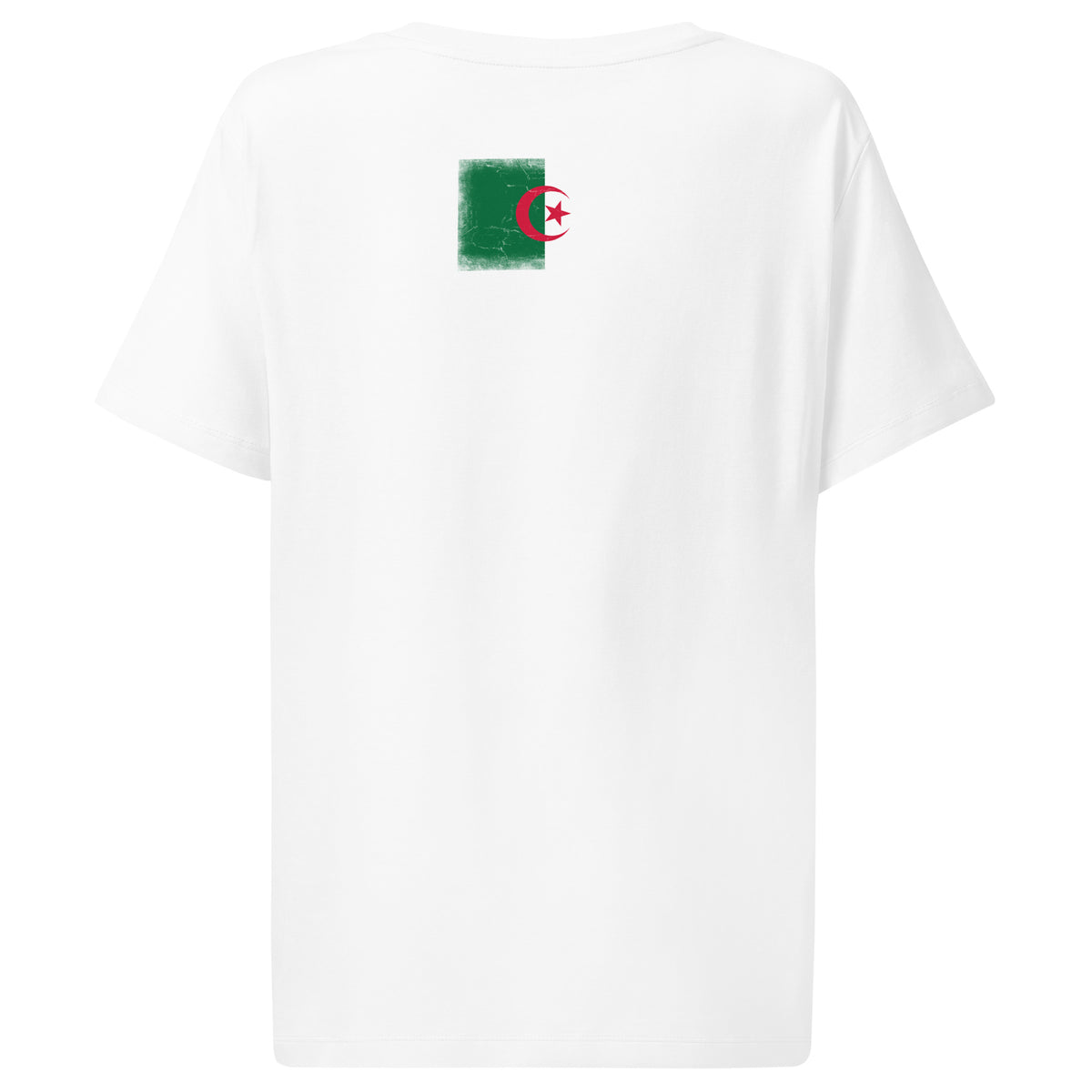 Algeria flag t-shirt in White, vintage-washed print, flag across the upper back, women cut, back view