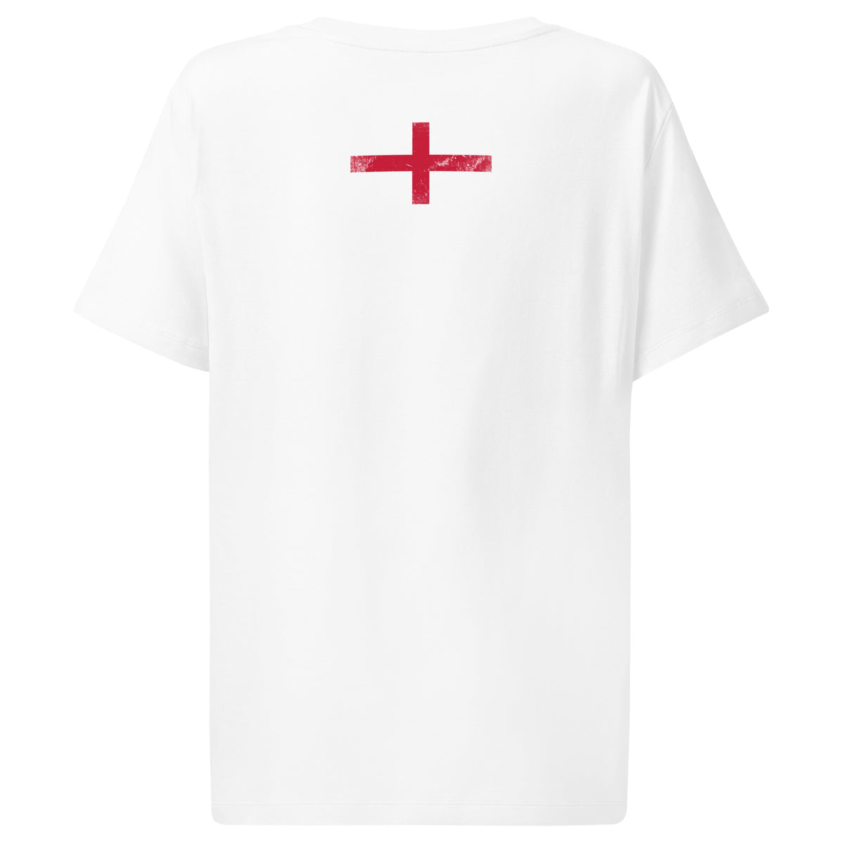 England flag t-shirt in White, vintage-washed print, flag across the upper back, women cut, back view