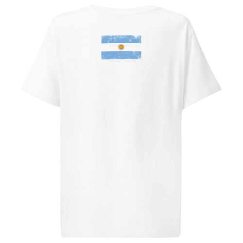Argentina flag t-shirt in White, vintage-washed print, flag across the upper back, women cut, back view