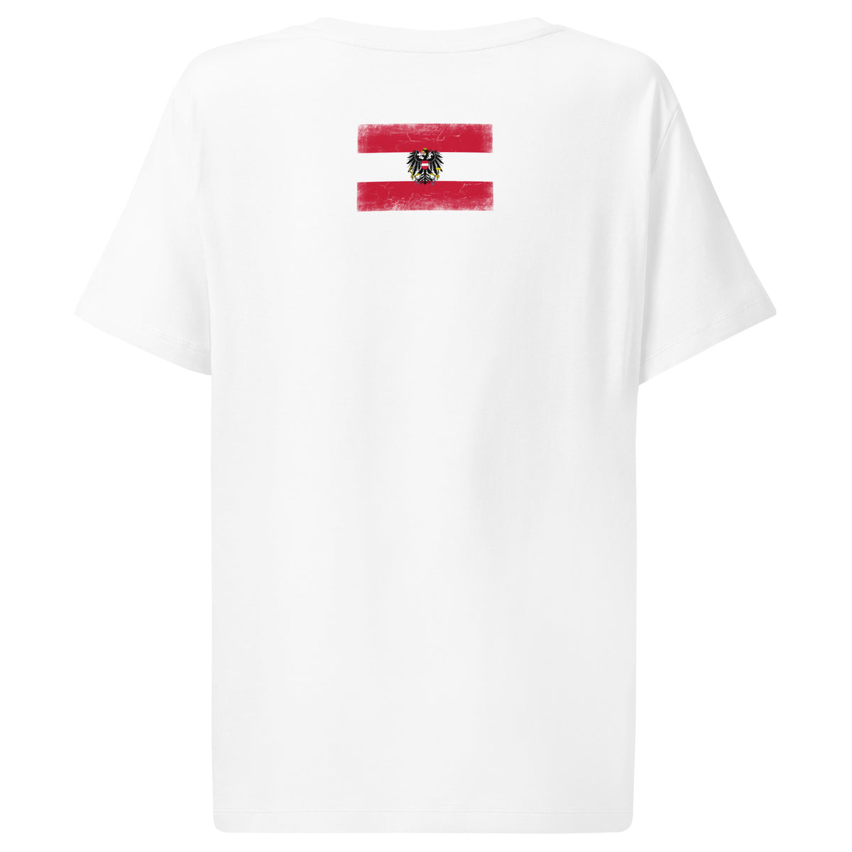 Austria flag t-shirt in White, vintage-washed print, flag across the upper back, women cut, back view