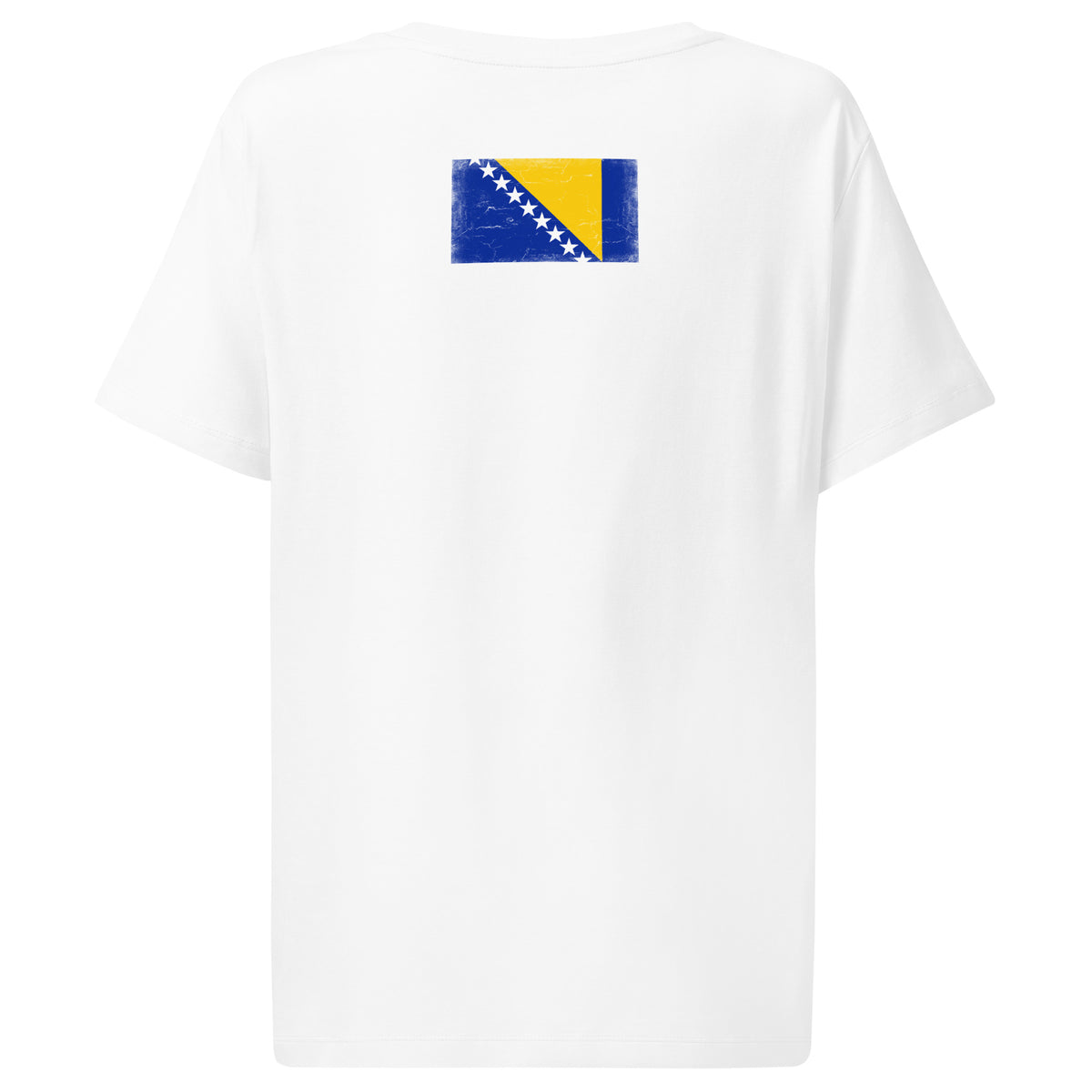 Bosnia and Herzegovina flag t-shirt in White, vintage-washed print, flag across the upper back, women cut, back view