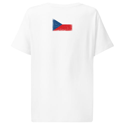 Czechia flag t-shirt in White, vintage-washed print, flag across the upper back, women cut, back view