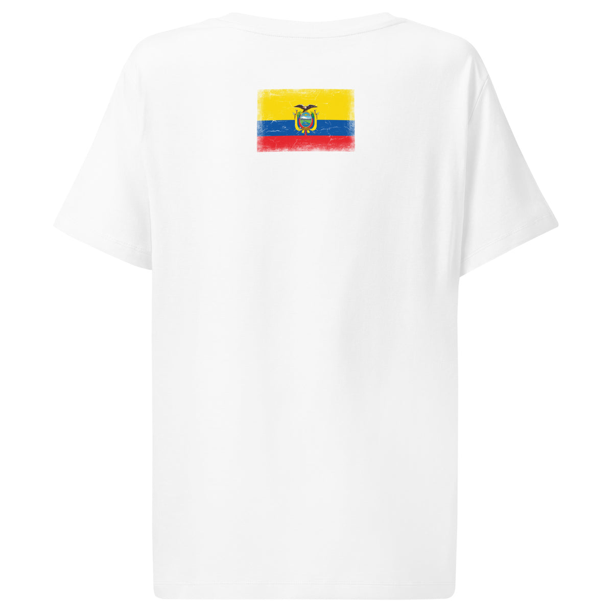 Ecuador flag t-shirt in White, vintage-washed print, flag across the upper back, women cut, back view