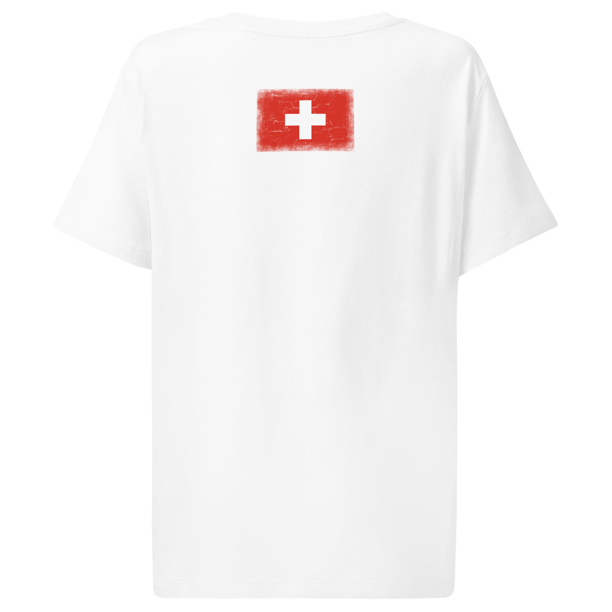 Switzerland flag t-shirt in White, vintage-washed print, flag across the upper back, women cut, back view