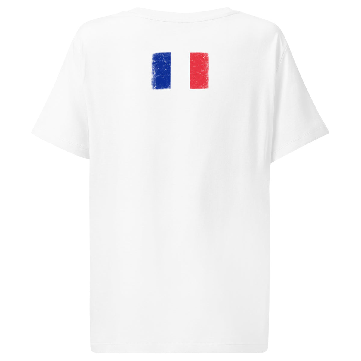 France flag t-shirt in White, vintage-washed print, flag across the upper back, women cut, back view