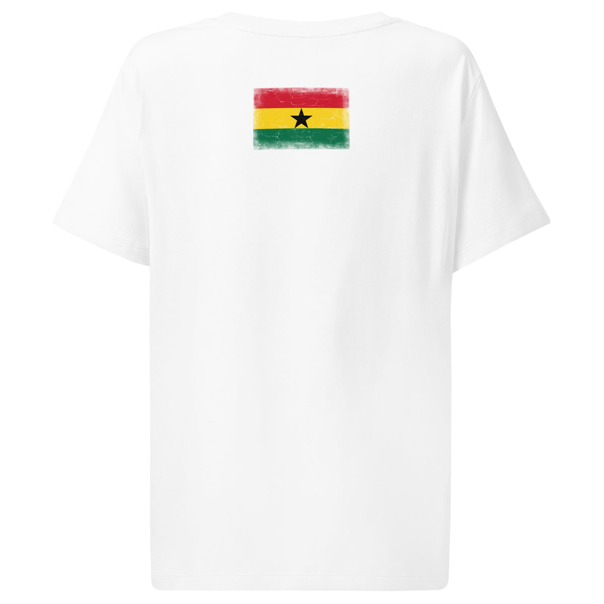 Ghana flag t-shirt in White, vintage-washed print, flag across the upper back, women cut, back view