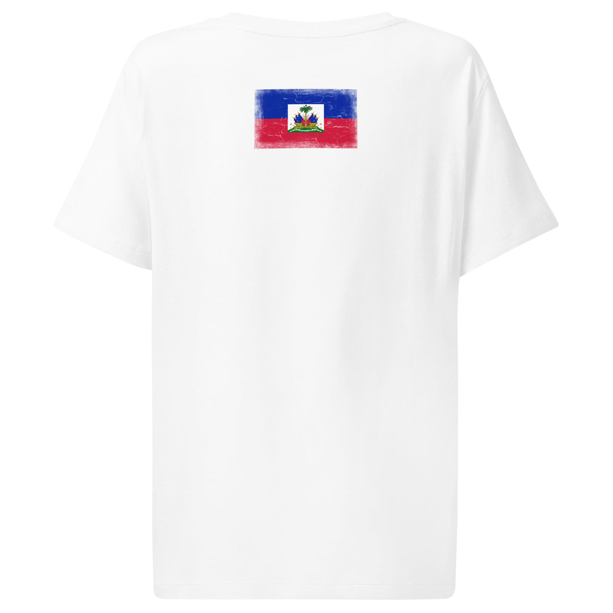 Haiti flag t-shirt in White, vintage-washed print, flag across the upper back, women cut, back view