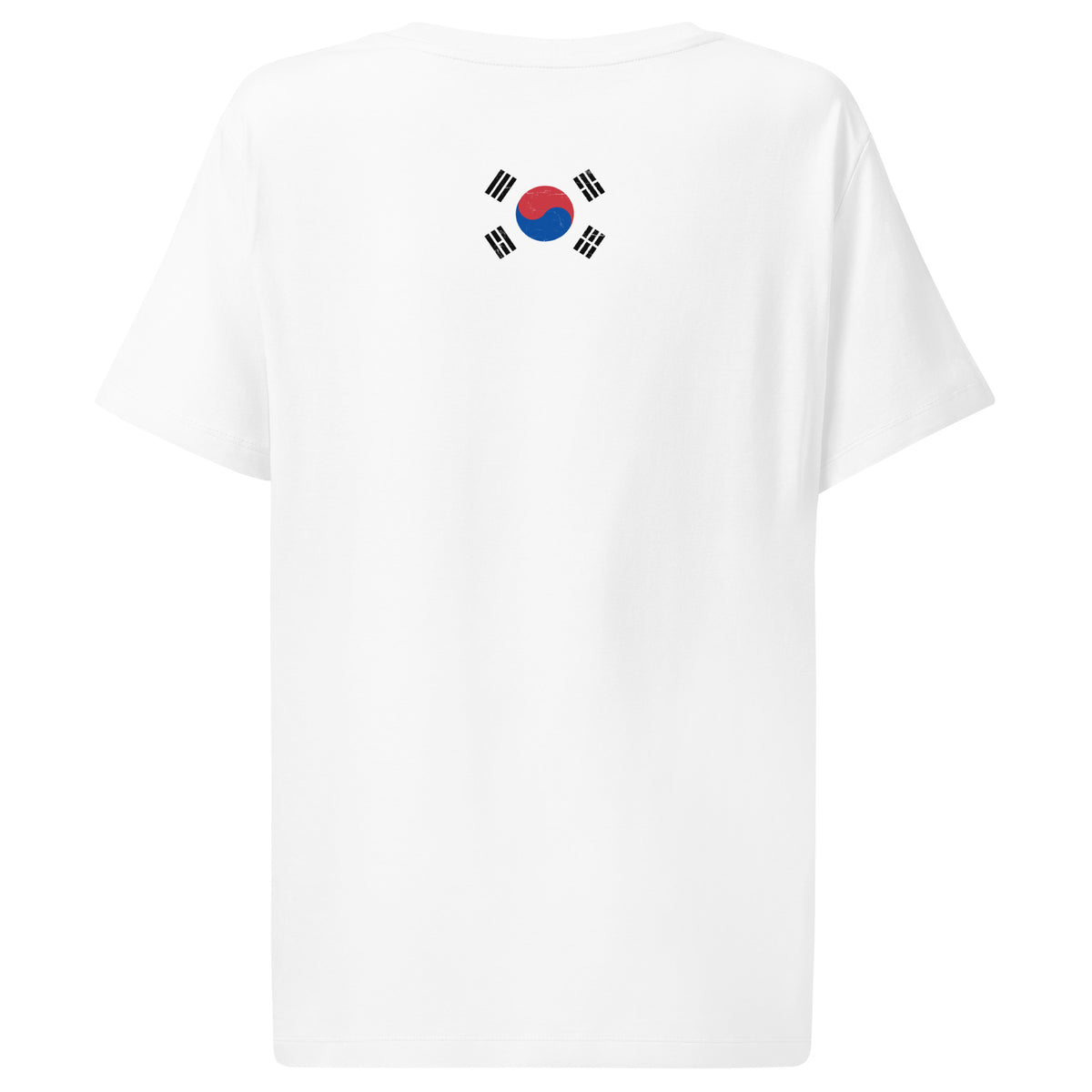 South Korea flag t-shirt in White, vintage-washed print, flag across the upper back, women cut, back view