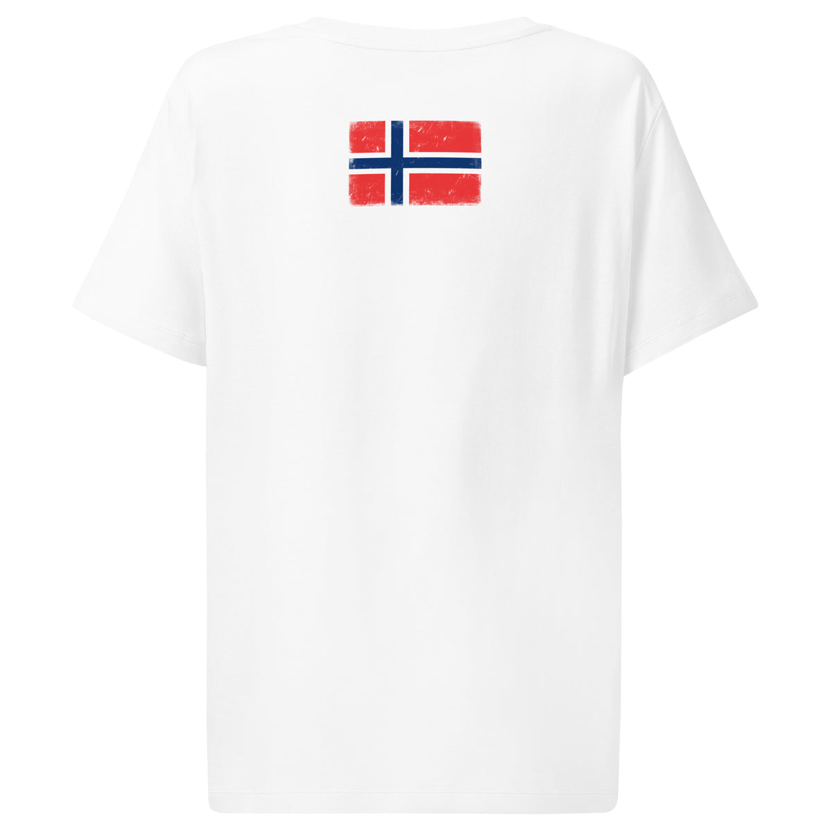 Norway flag t-shirt in White, vintage-washed print, flag across the upper back, women cut, back view