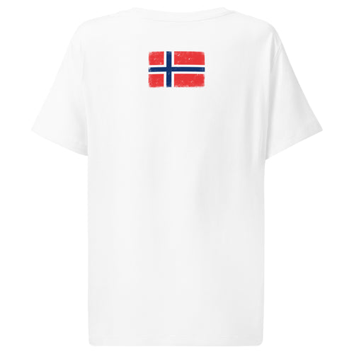 Norway flag t-shirt in White, vintage-washed print, flag across the upper back, women cut, back view