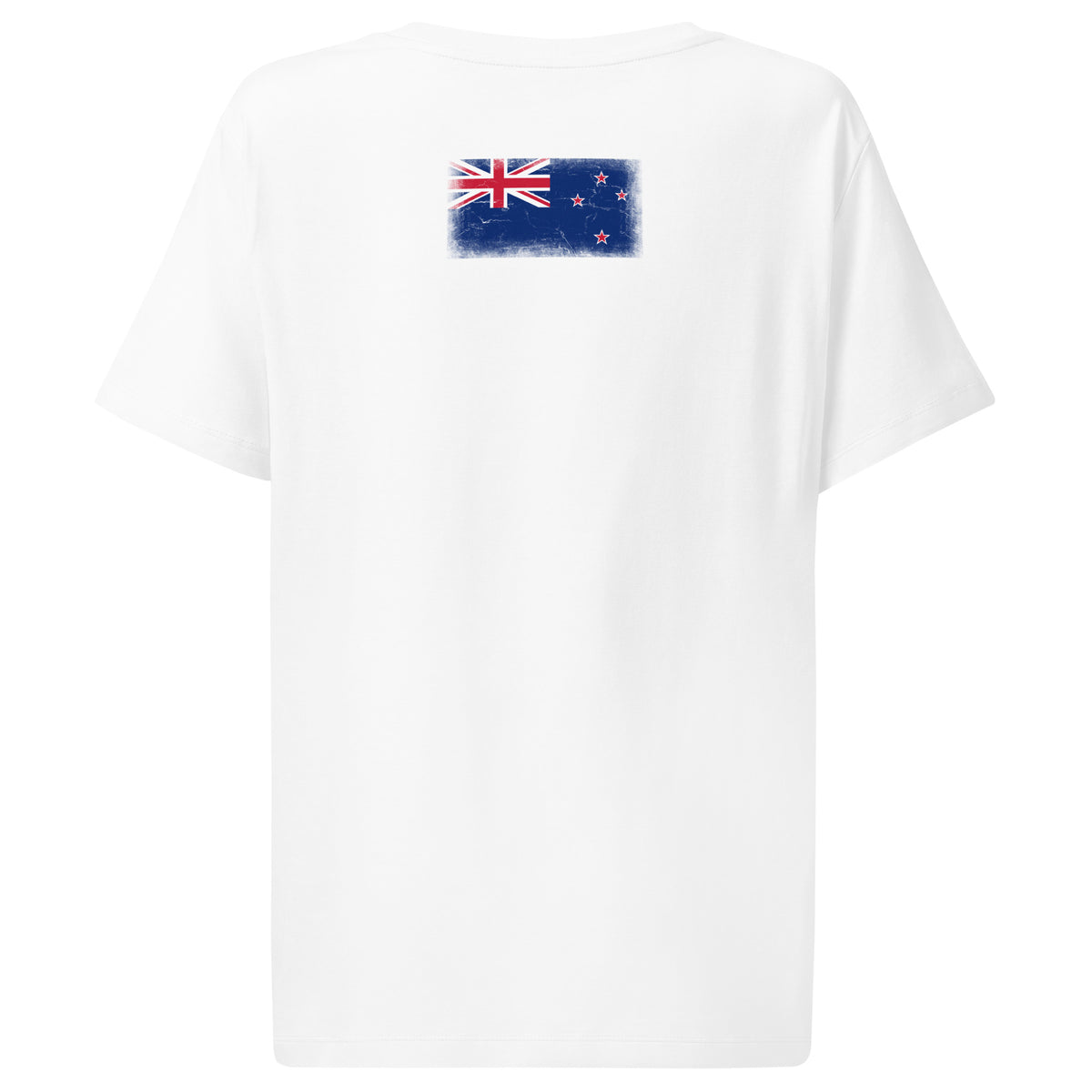 New Zealand flag t-shirt in White, vintage-washed print, flag across the upper back, women cut, back view