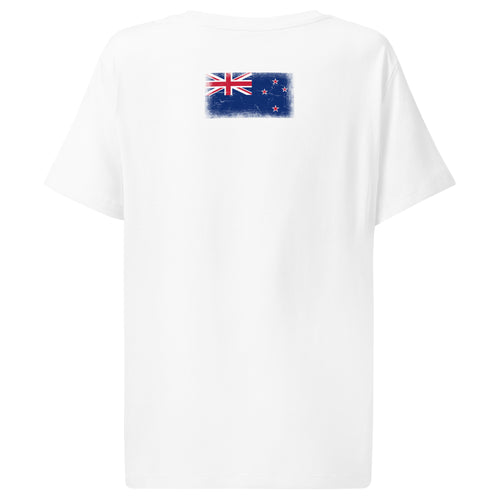 New Zealand flag t-shirt in White, vintage-washed print, flag across the upper back, women cut, back view