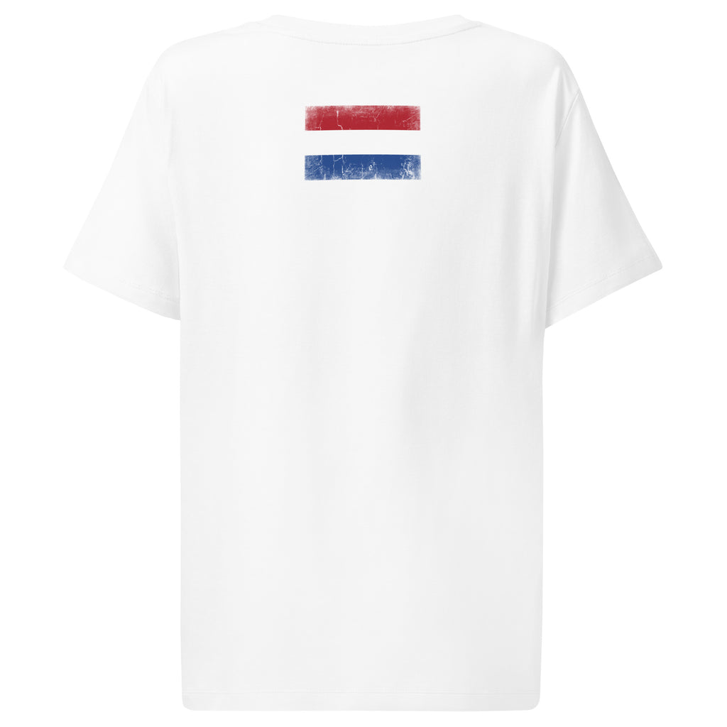 Netherlands flag t-shirt in White, vintage-washed print, flag across the upper back, women cut, back view