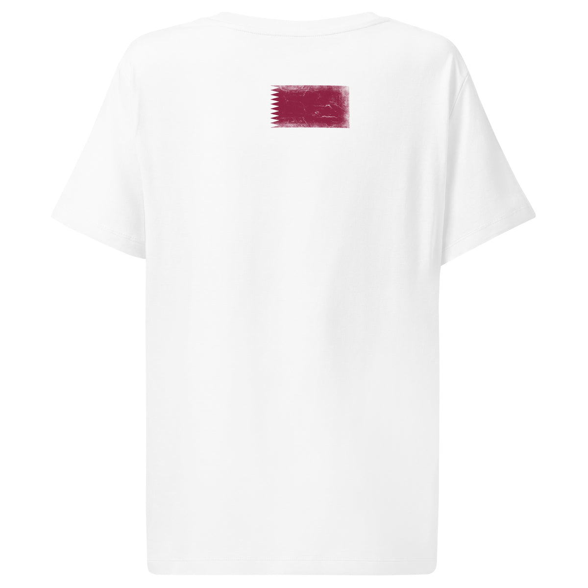 Qatar flag t-shirt in White, vintage-washed print, flag across the upper back, women cut, back view