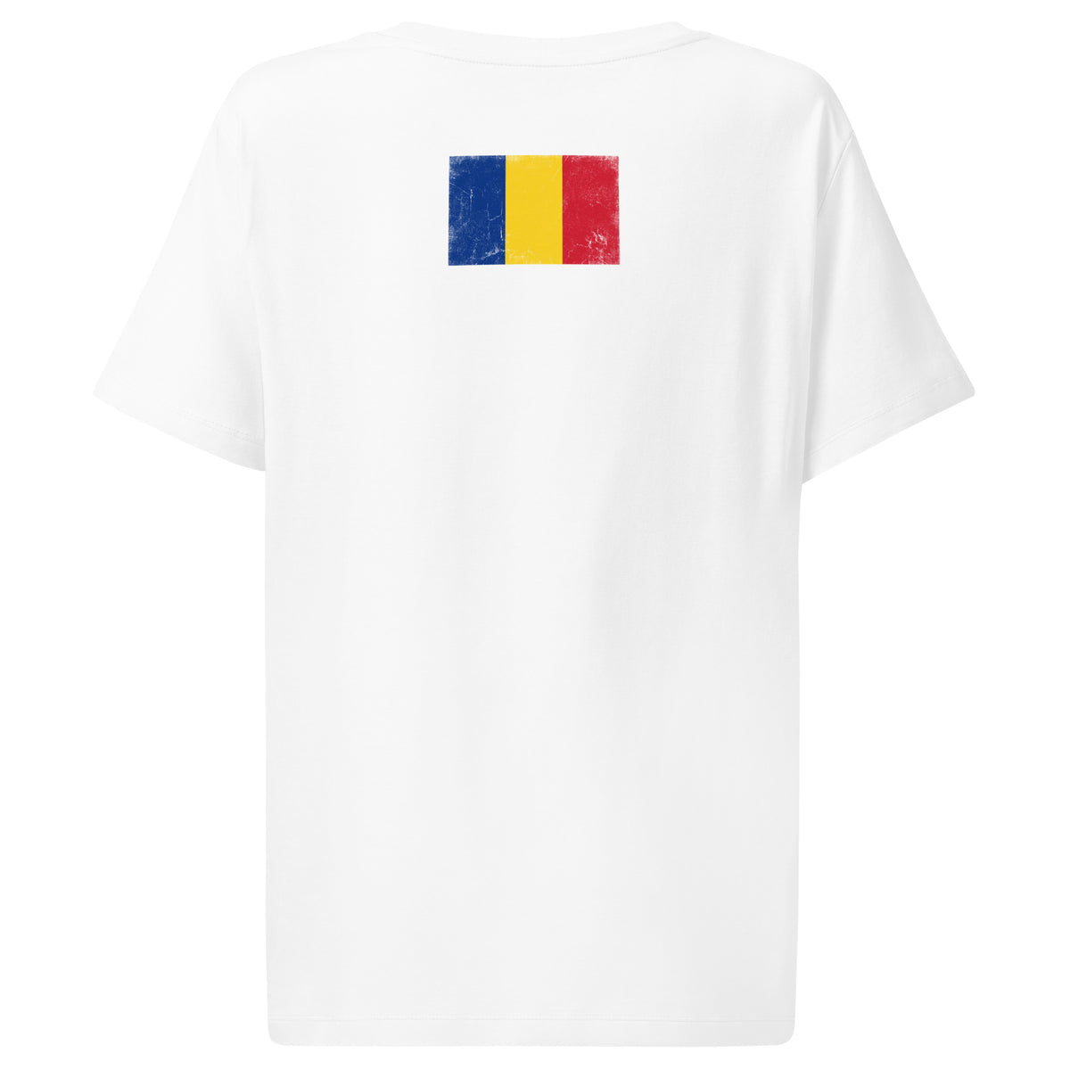 Romania flag t-shirt in White, vintage-washed print, flag across the upper back, women cut, back view