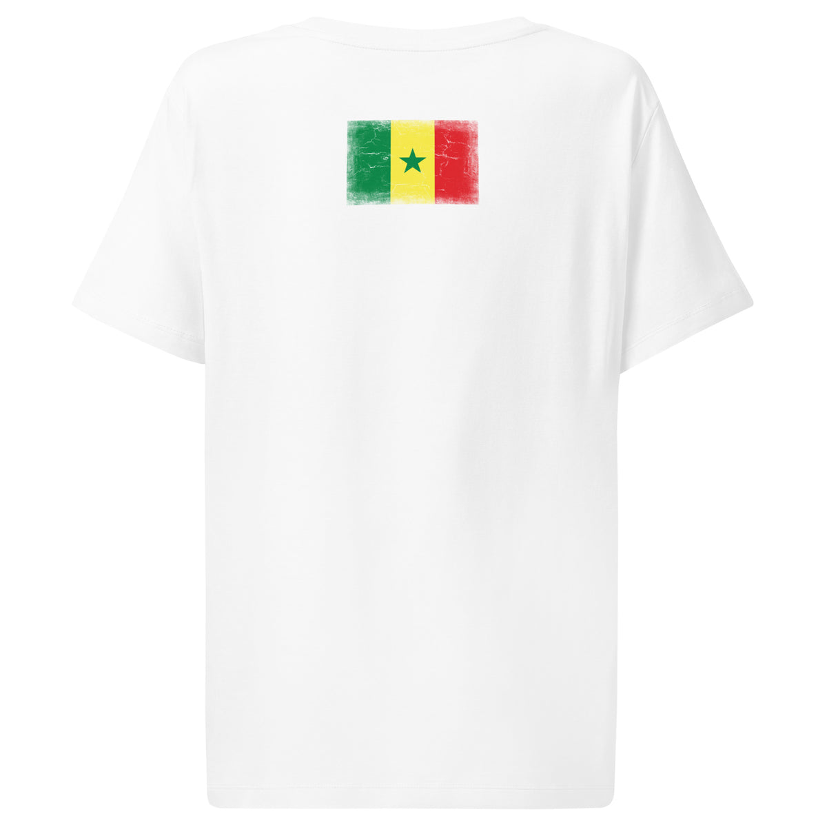 Senegal flag t-shirt in White, vintage-washed print, flag across the upper back, women cut, back view