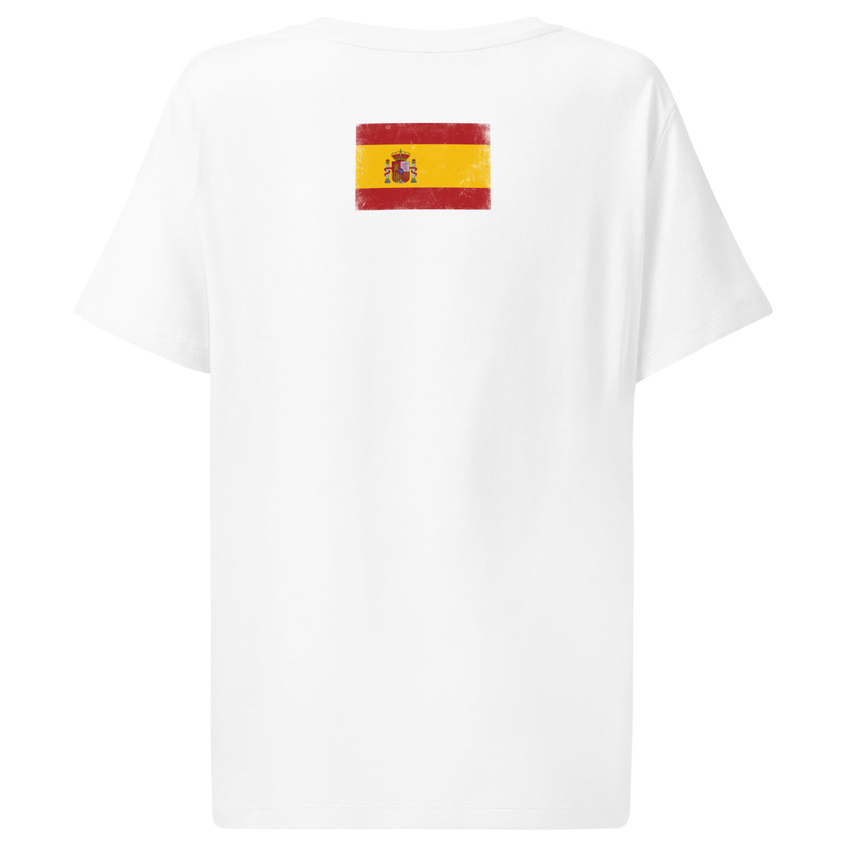 Spain flag t-shirt in White, vintage-washed print, flag across the upper back, women cut, back view
