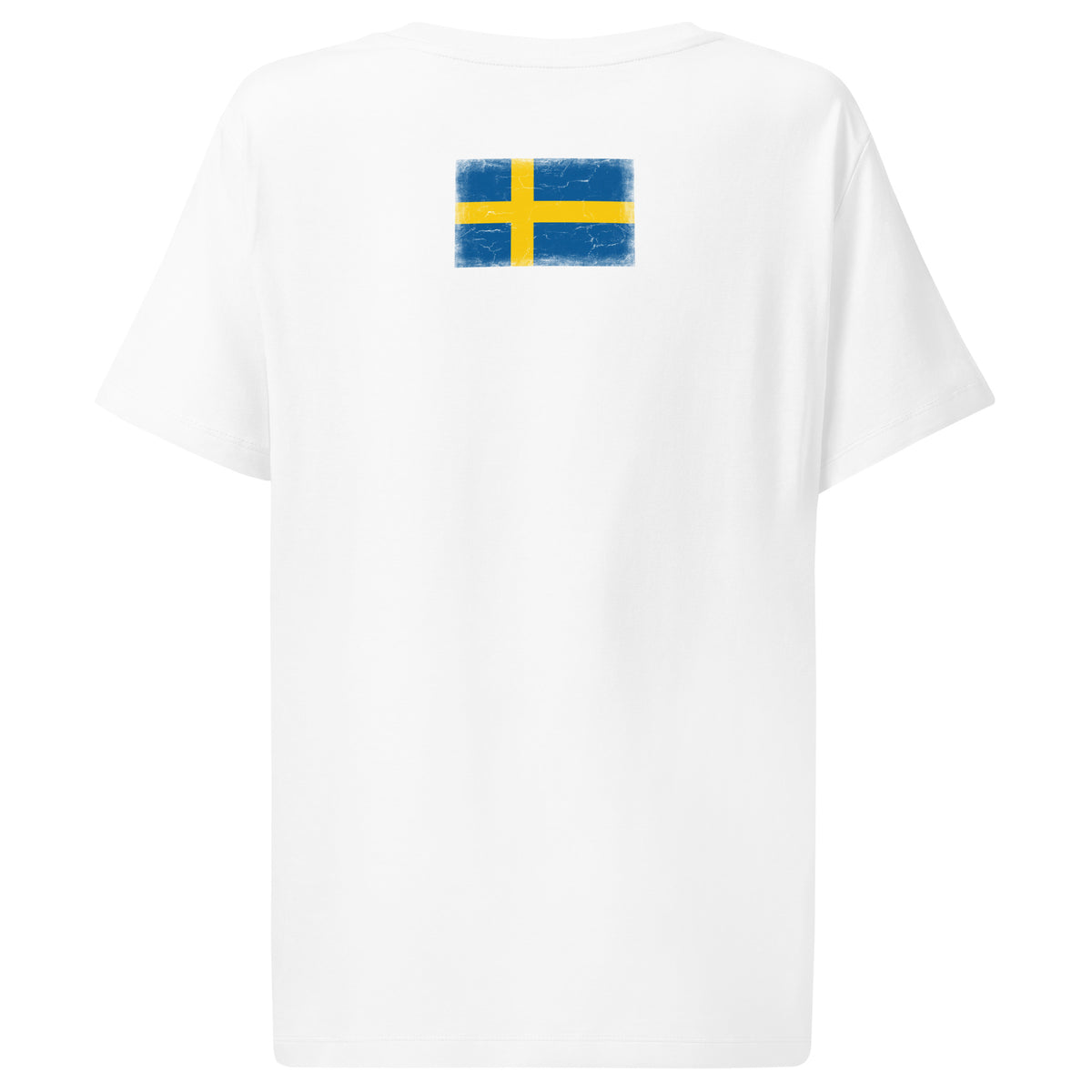 Sweden flag t-shirt in White, vintage-washed print, flag across the upper back, women cut, back view