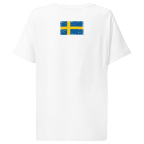 Sweden flag t-shirt in White, vintage-washed print, flag across the upper back, women cut, back view