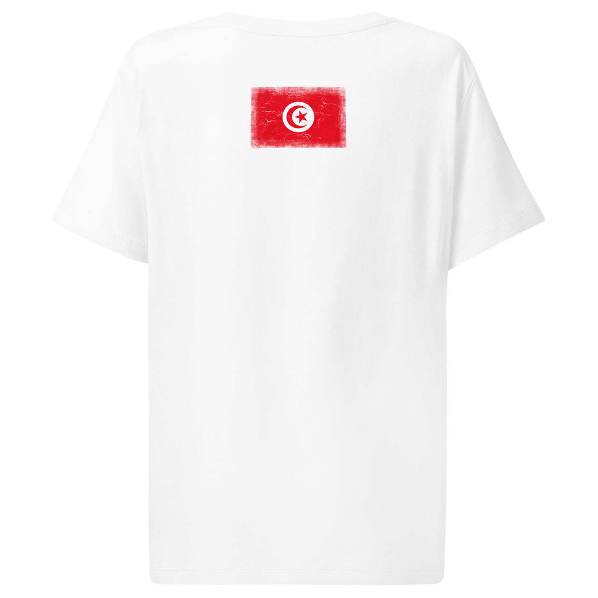 Tunisia flag t-shirt in White, vintage-washed print, flag across the upper back, women cut, back view