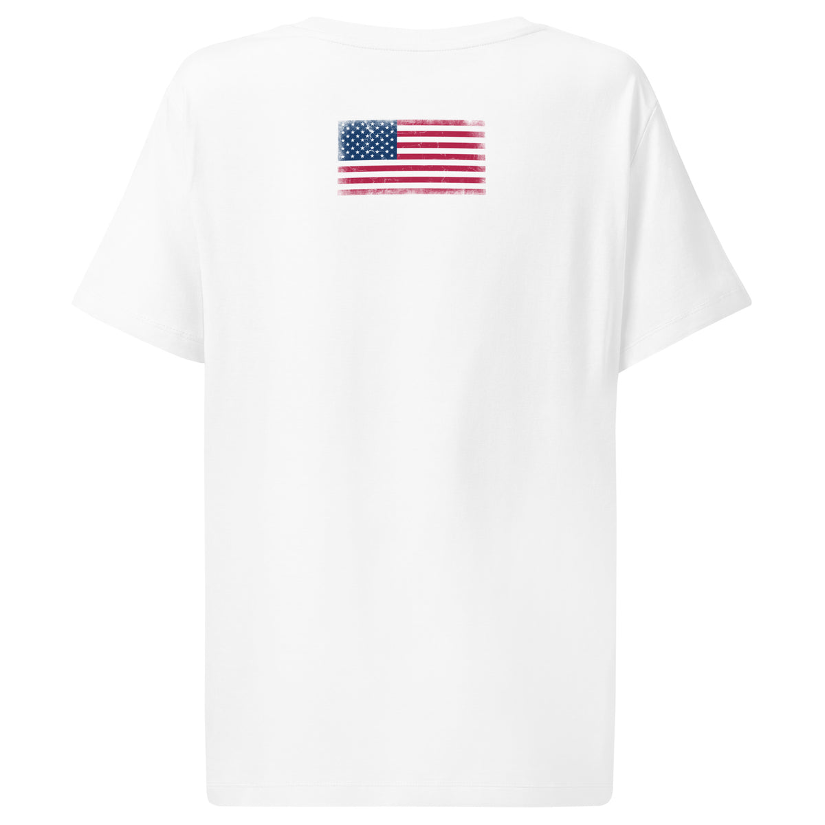 USA flag t-shirt in White, vintage-washed print, flag across the upper back, women cut, back view