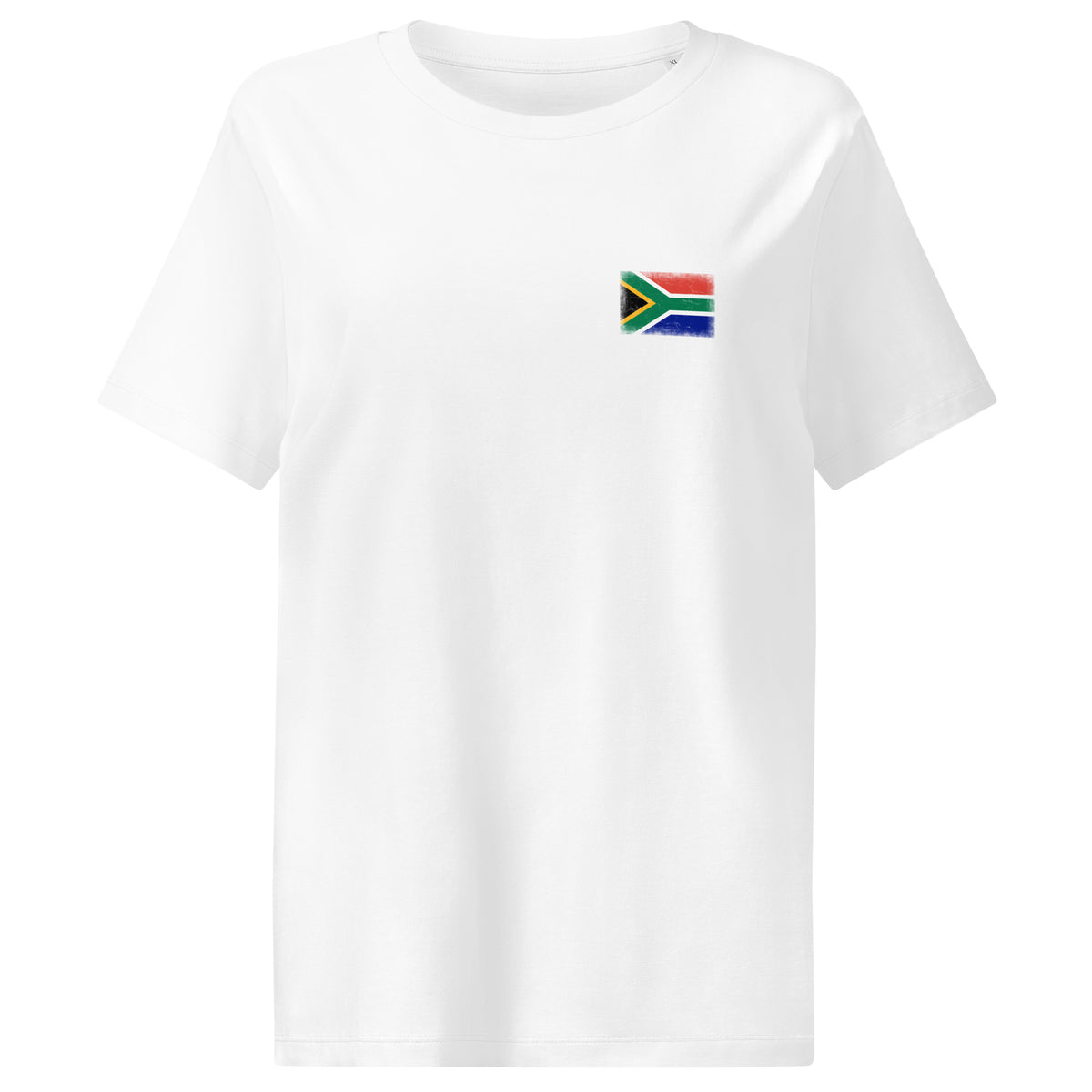 South Africa flag t-shirt in White, vintage-washed print, small flag on the left chest, women cut, front view