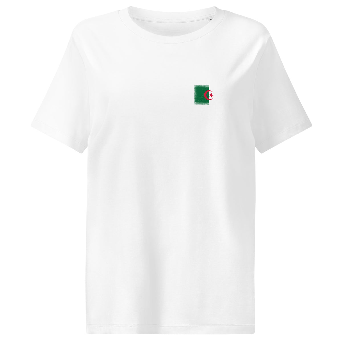 Algeria flag t-shirt in White, vintage-washed print, small flag on the left chest, women cut, front view